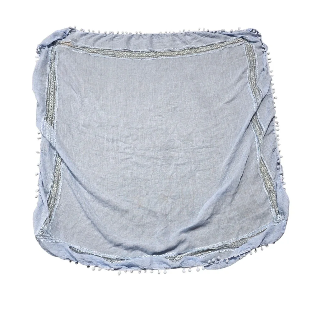 NEW francesca's Blue Oversized Square Scarf with Lace and Pom‎ Pom Trim NWT